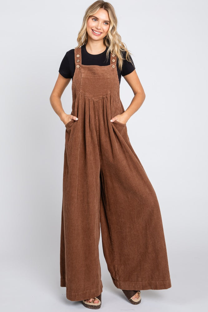 Mocha Corduroy Front Pleated Wide Leg Maternity Overalls – PinkBlush