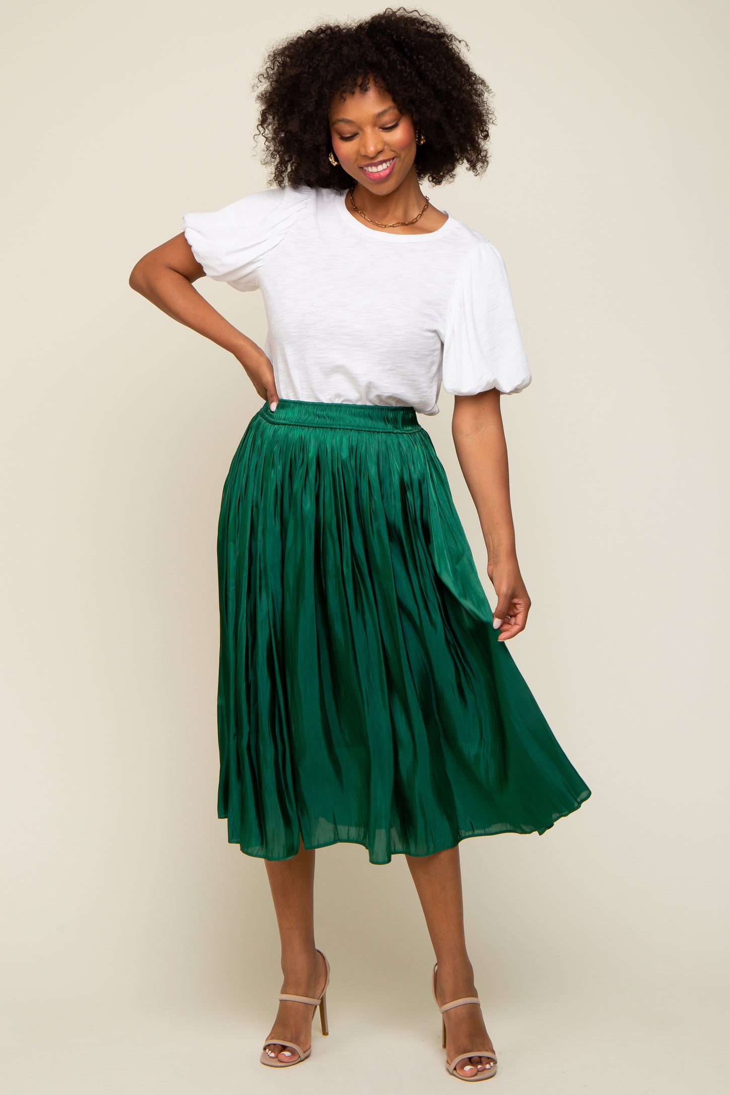 Forest Green Pleated Shimmer Satin Midi Skirt PinkBlush Forest Green Pleated Shimmer Satin Midi Skirt PinkBlush
