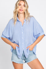 Blue Striped Button Front Collared Short Sleeve Maternity Top