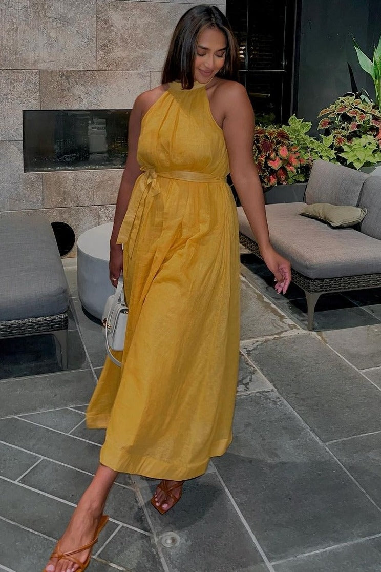 Yellow Linen A-line Midi Dress PinkBlush Yellow Linen A-line Midi Dress PinkBlush