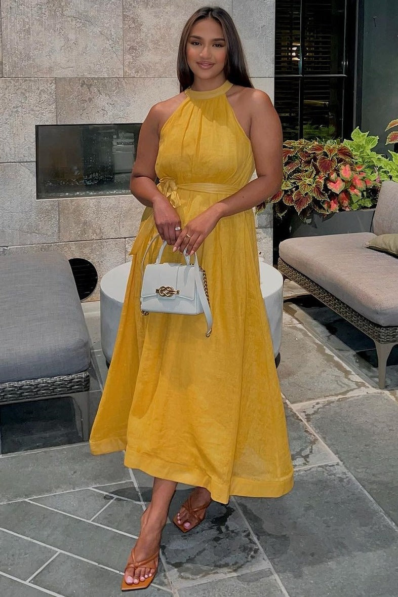 Yellow Linen A-line Midi Dress