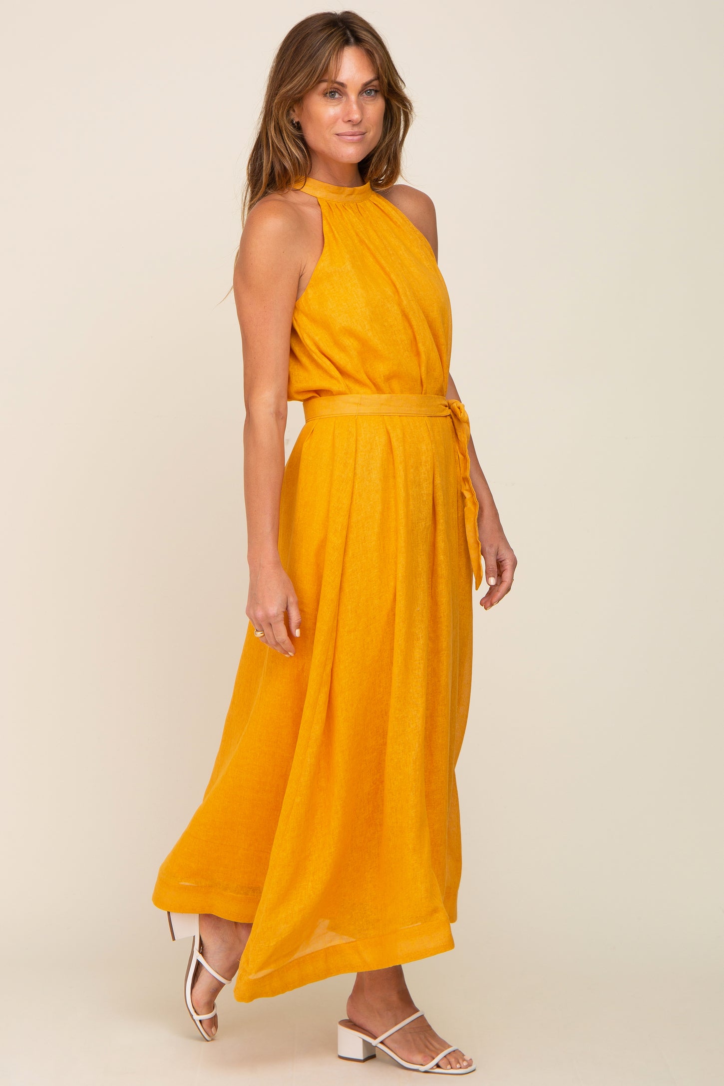 Yellow Linen A-line Midi Dress PinkBlush Yellow Linen A-line Midi Dress PinkBlush