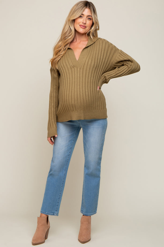 Olive Ribbed Knit Collared Long Sleeve Top