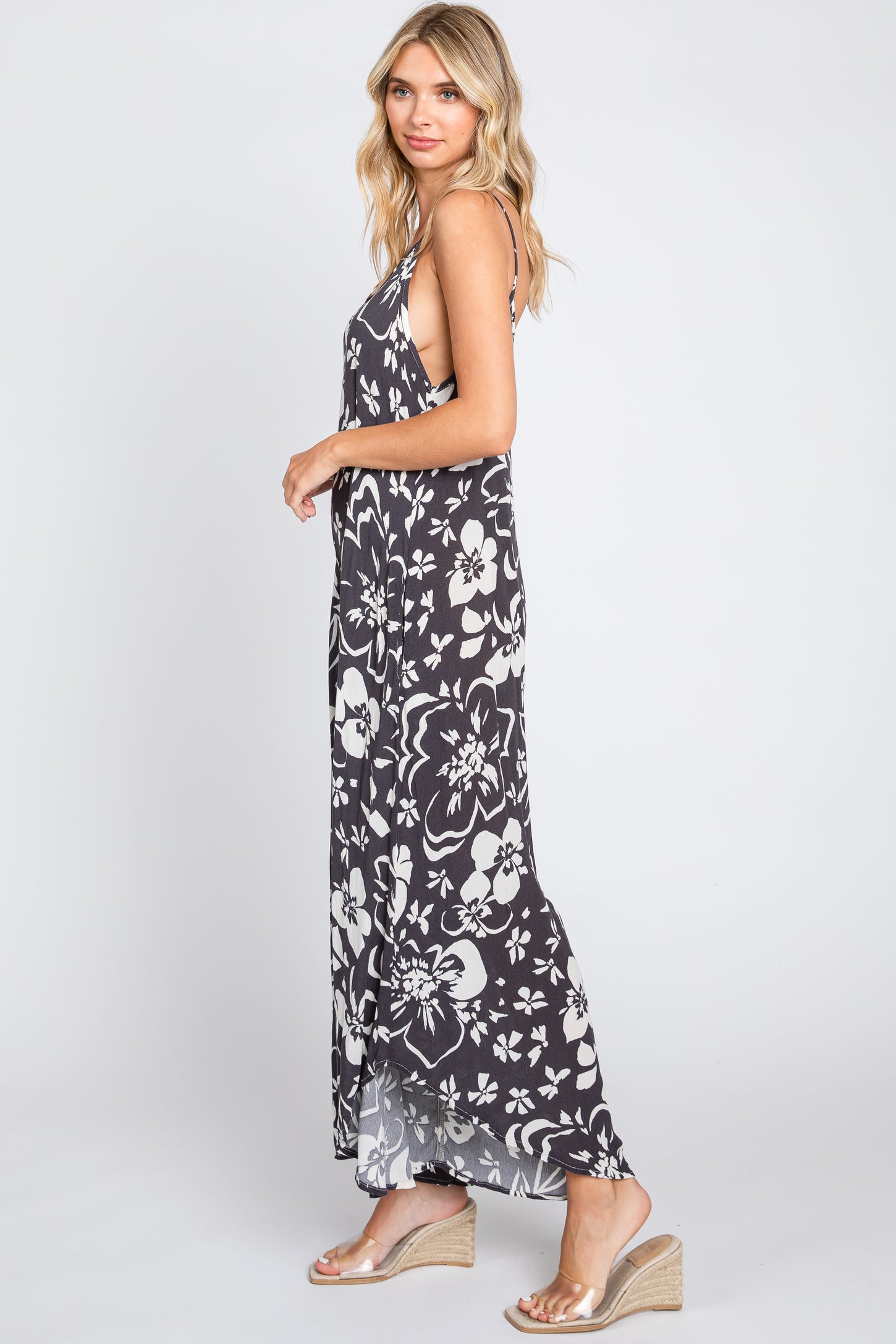 Charcoal Tropical Floral V-Neck Round Hem Jumpsuit