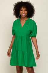 Green Satin Ruffle V-Neck Short Sleeve Dress