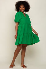 Green Satin Ruffle V-Neck Short Sleeve Dress