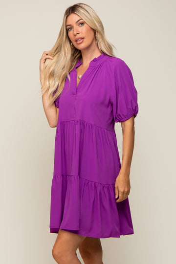 Purple Satin Ruffle V-Neck Short Sleeve Dress