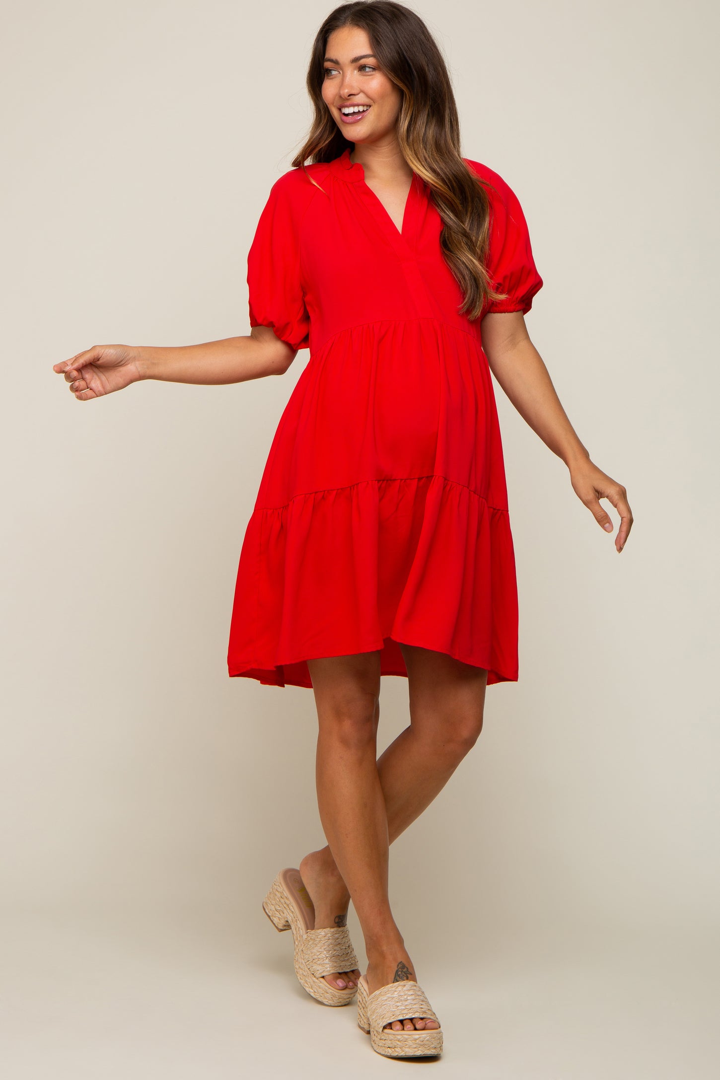 red satin maternity dress Kate Long Sleeve Satin Custom Maternity Photoshoot Gowns, XXL / Custom size(please contact us)