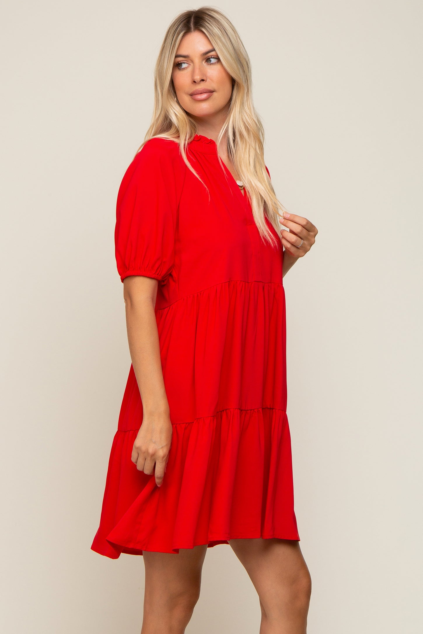 Red Satin Ruffle V-Neck Short Sleeve Dress