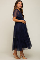 Navy Blue Dotted Tulle Smocked Maternity Midi Dress
