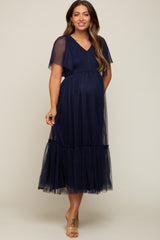 Navy Blue Dotted Tulle Smocked Maternity Midi Dress