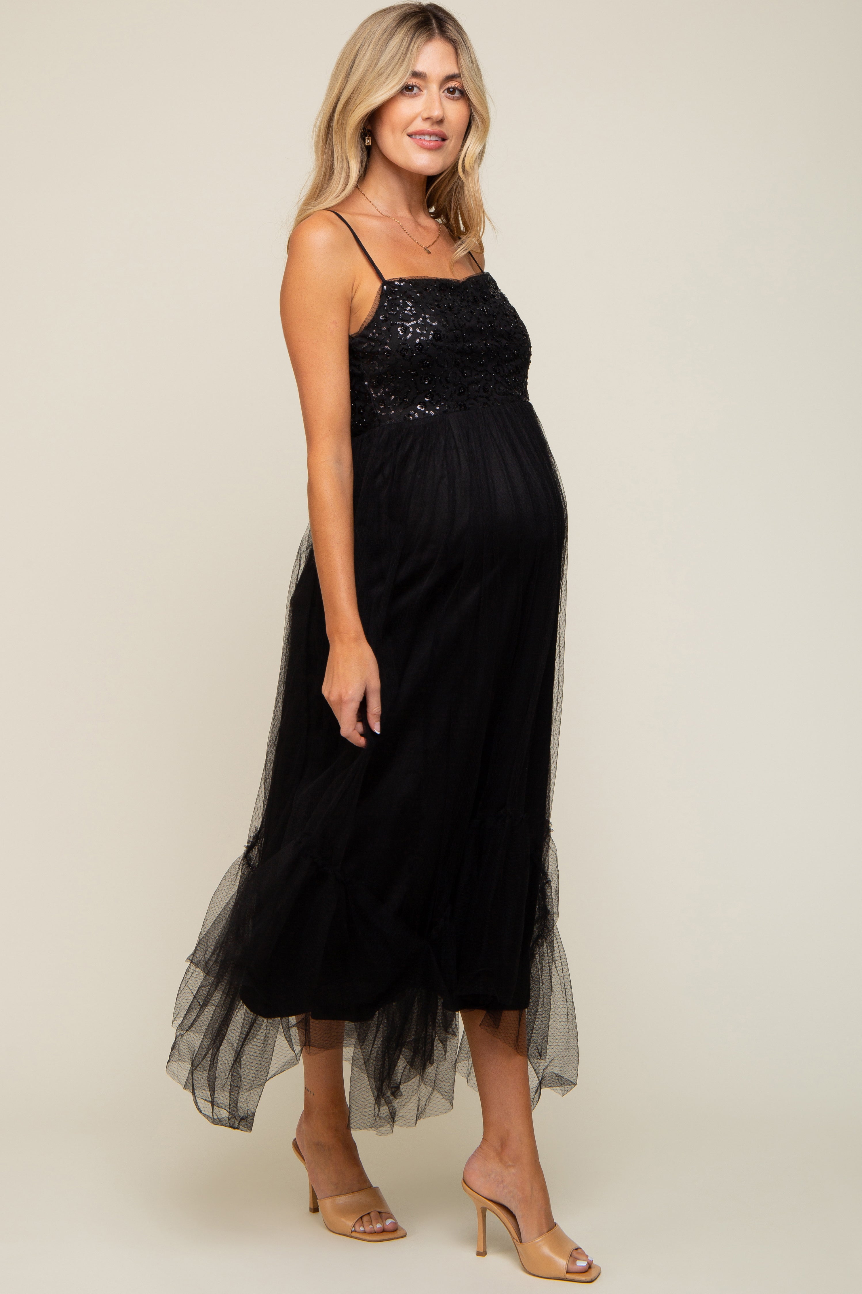 black glitter maternity dress Black Sequin Sleeveless Wrap V-Neck Maternity Gown PinkBlush