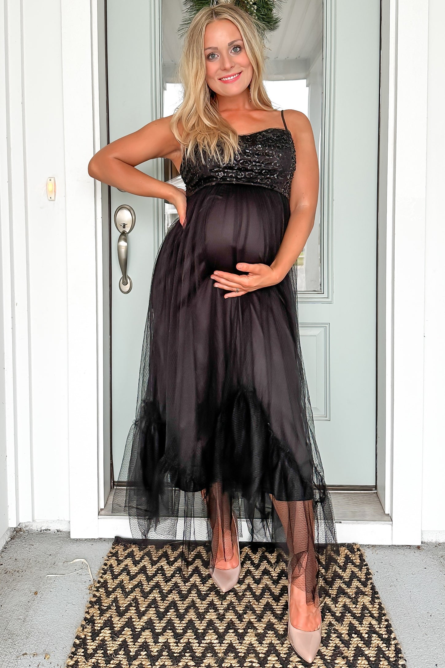 sequin and tulle maternity dress Short Sleeves Maternity Bridesmaid Dress 2026 A-line Blushing Pink V-neck Tulle Long