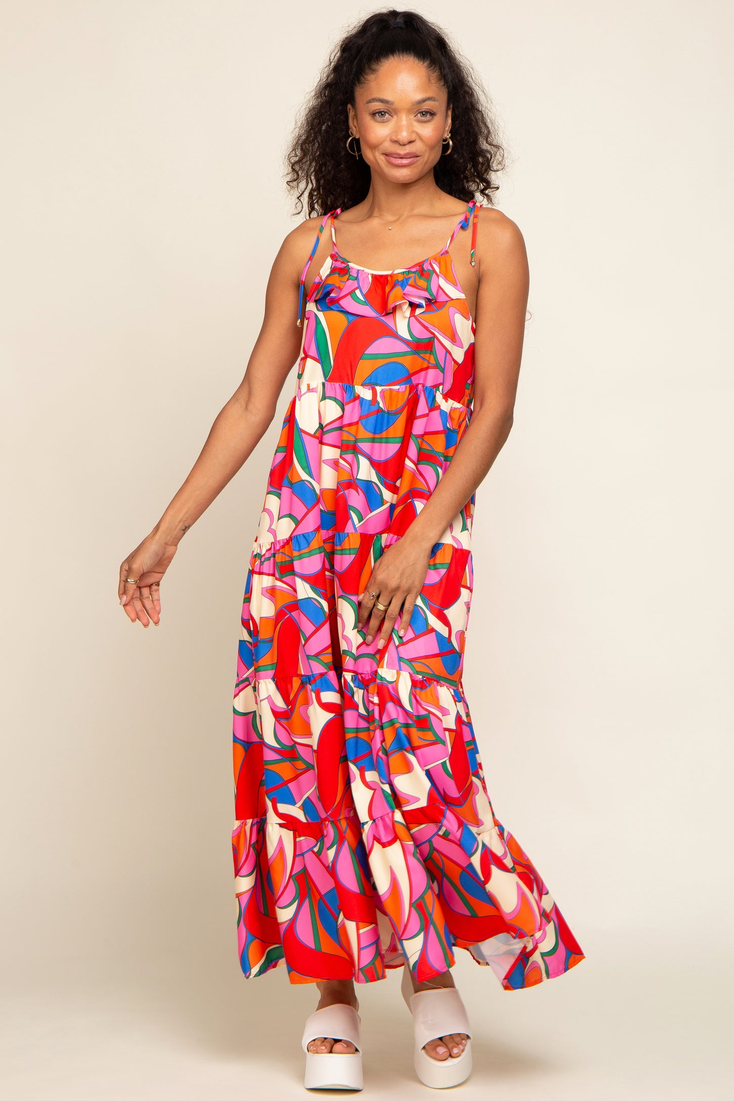 Coral Multi-Color Printed Tiered Maternity Dress PinkBlush Coral Multi-Color Printed Tiered Maternity Dress PinkBlush