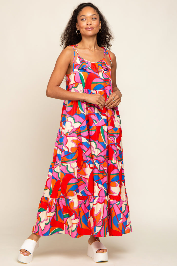 Coral Multi-Color Printed Tiered Dress