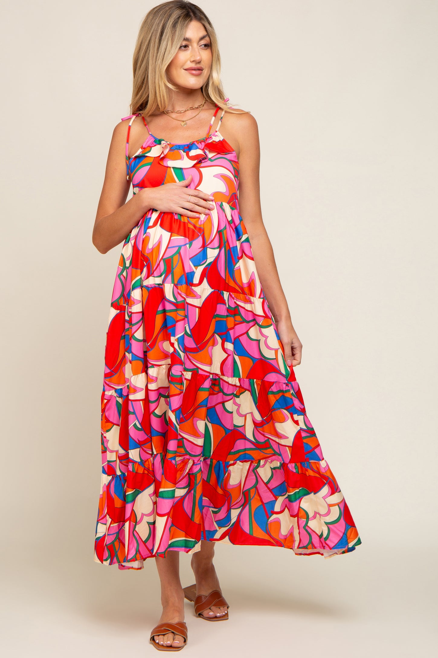 Coral Multi-Color Printed Tiered Maternity Dress Coral Multi-Color Printed Tiered Maternity Dress