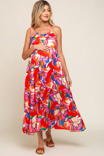 Coral Multi-Color Printed Tiered Maternity Dress