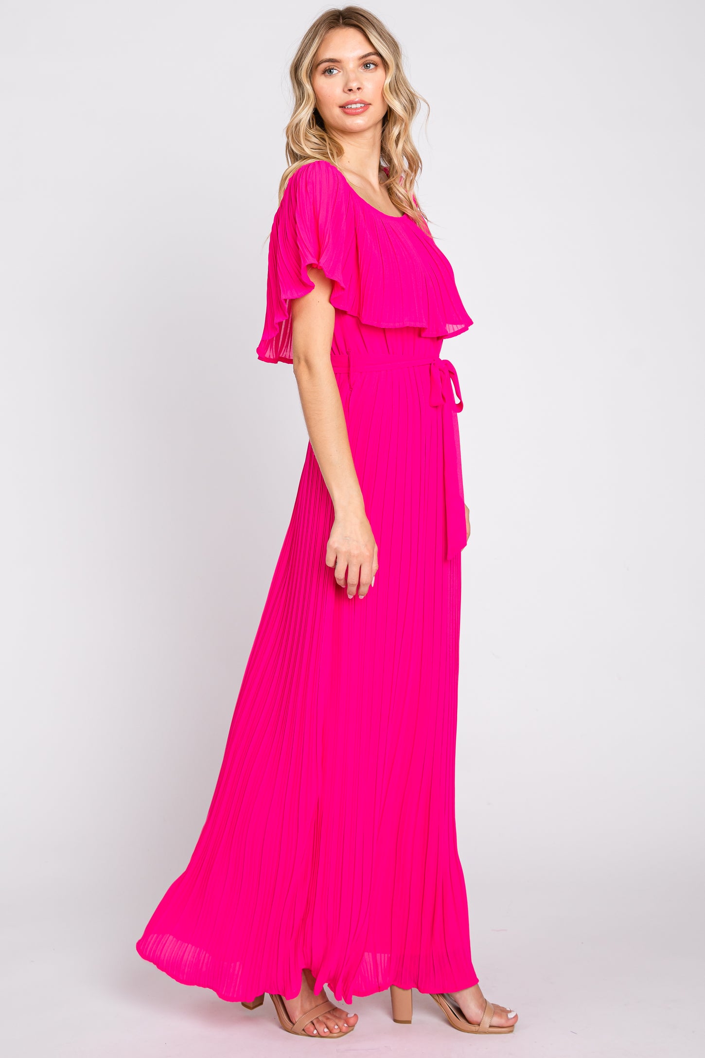 Fuchsia Pleated Off Shoulder Maxi Dress PinkBlush Fuchsia Pleated Off Shoulder Maxi Dress PinkBlush