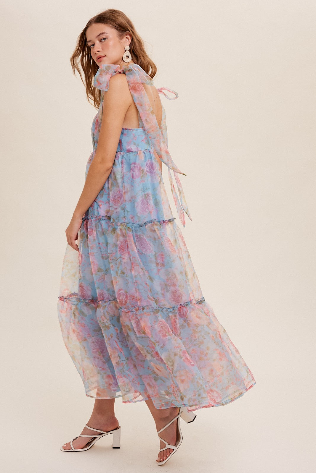 Blue Tiered Floral Print Organza Maxi Dress PinkBlush Blue Tiered Floral Print Organza Maxi Dress PinkBlush