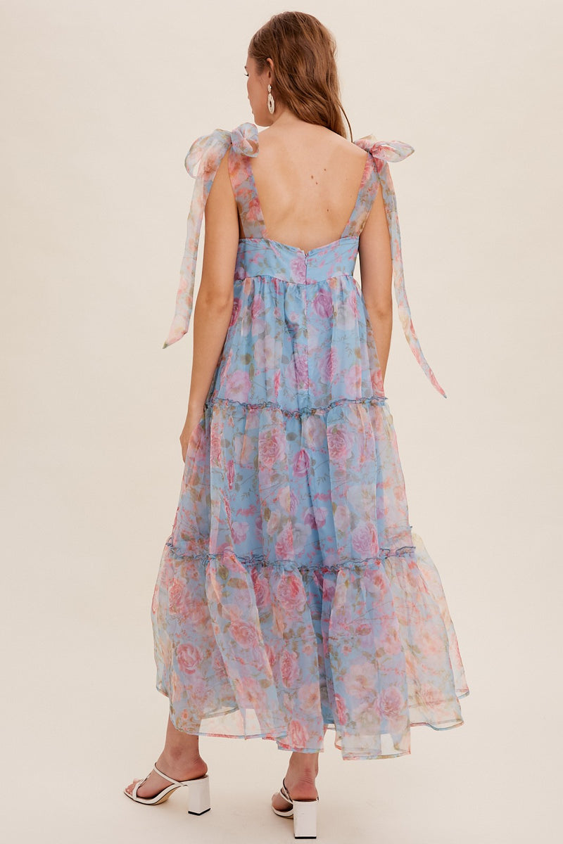 Blue Tiered Floral Print Organza Maxi Dress – PinkBlush