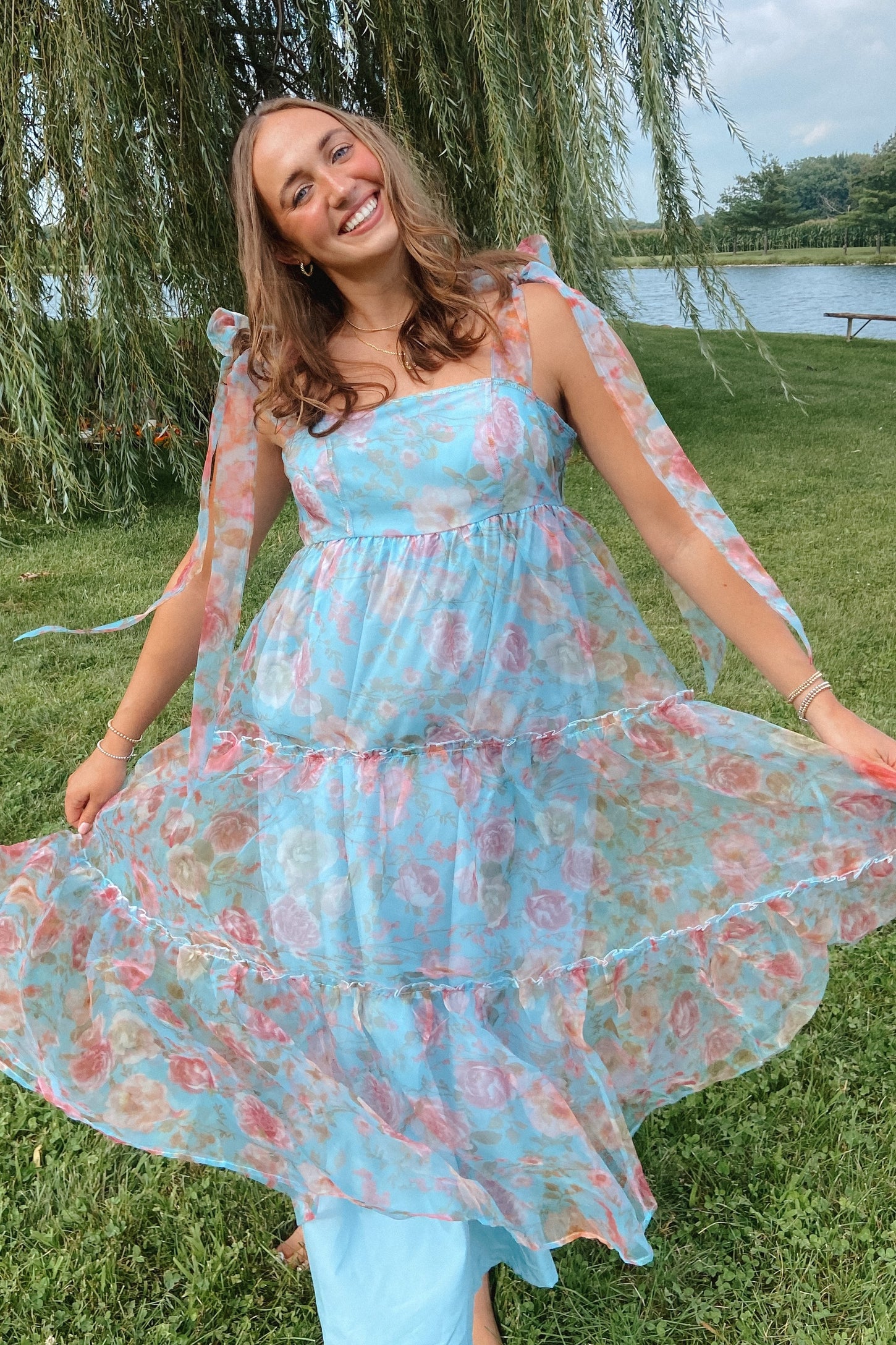 Blue Tiered Floral Print Organza Maxi Dress PinkBlush Blue Tiered Floral Print Organza Maxi Dress PinkBlush