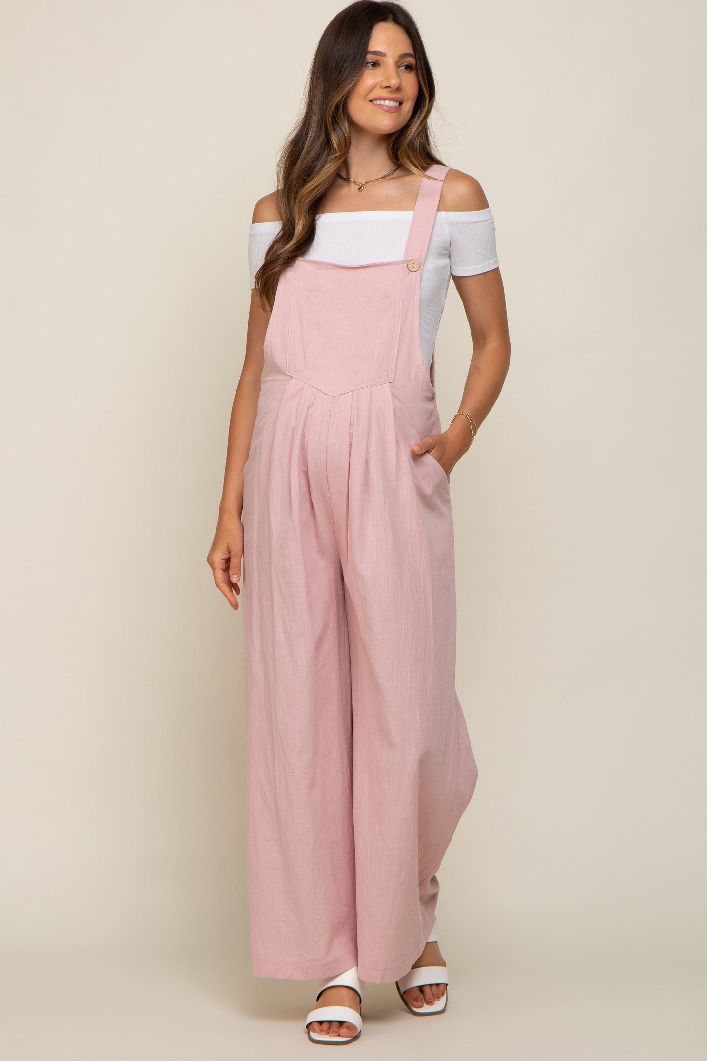 Light Pink Front Pocket Pleated Linen Maternity Overall