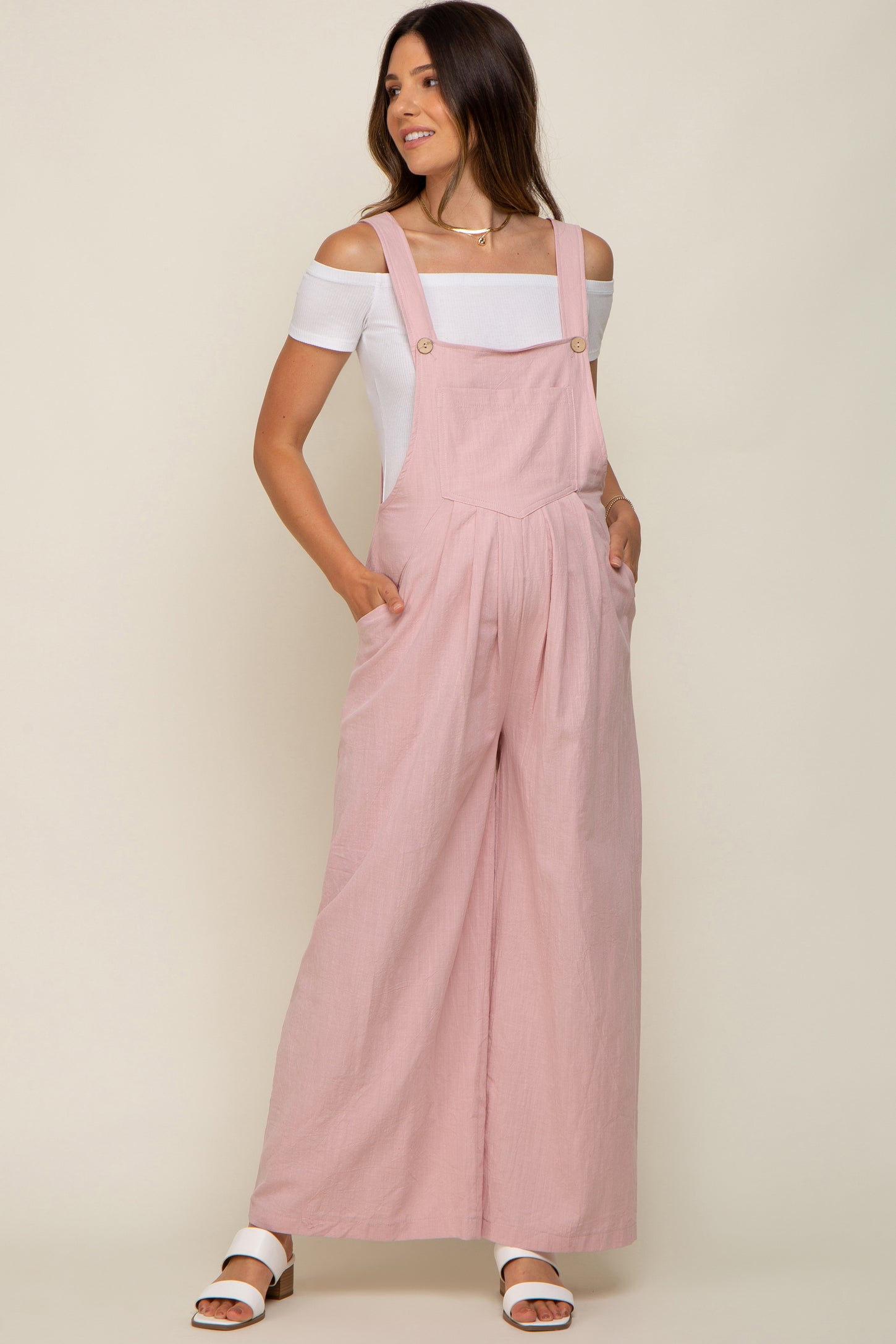 Light Pink Front Pocket Pleated Linen Maternity Overall Small