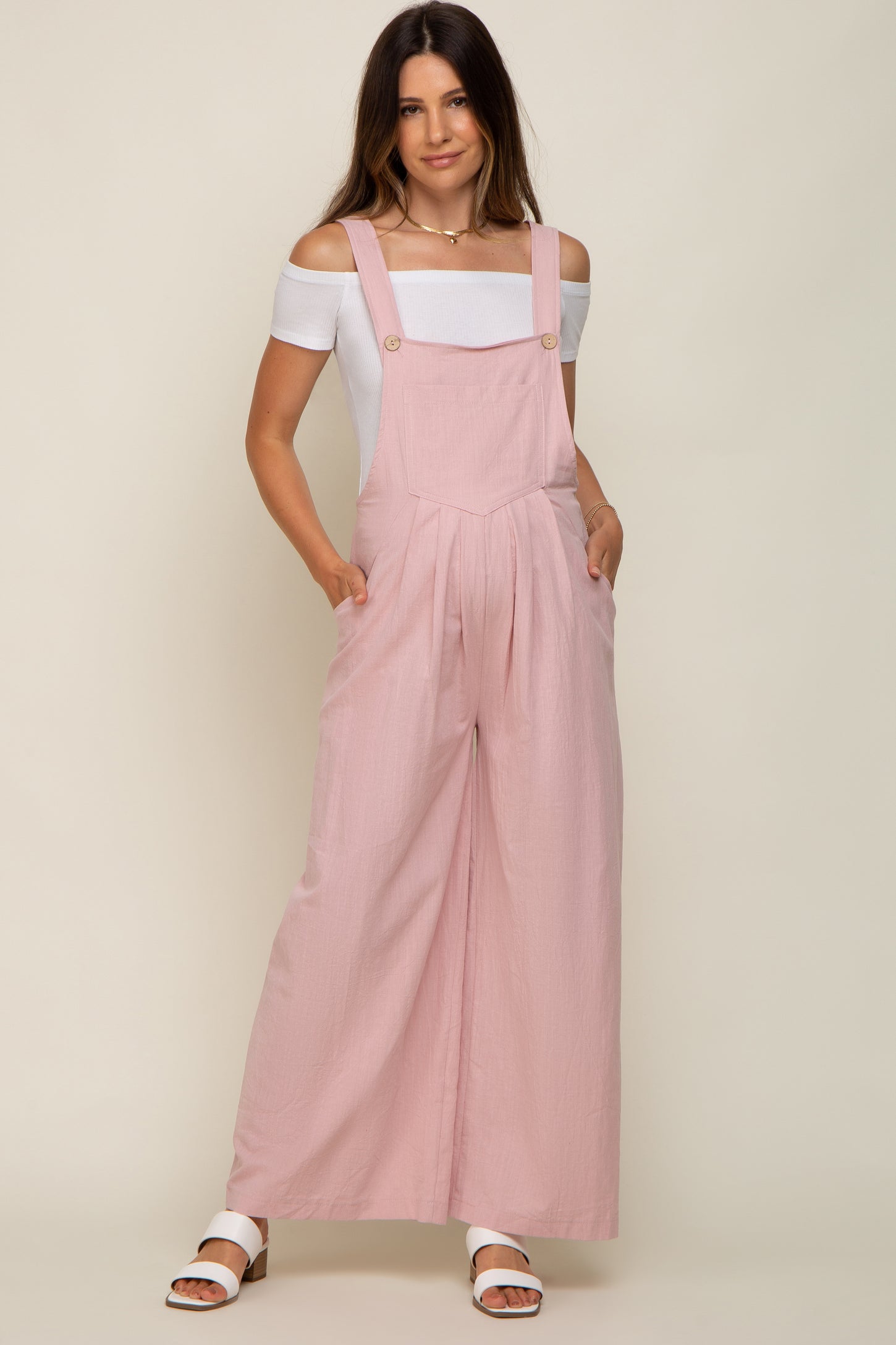 Light Pink Front Pocket Pleated Linen Maternity Overall Small Light Pink Front Pocket Pleated Linen Maternity Overall Small