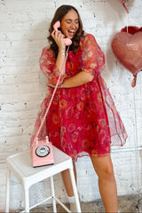 Pink Floral Organza Square Neck Babydoll Dress