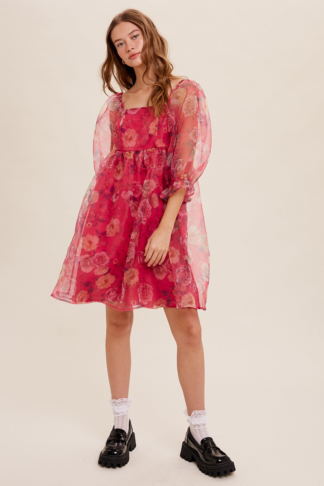 Pink Floral Organza Square Neck Babydoll Dress Medium