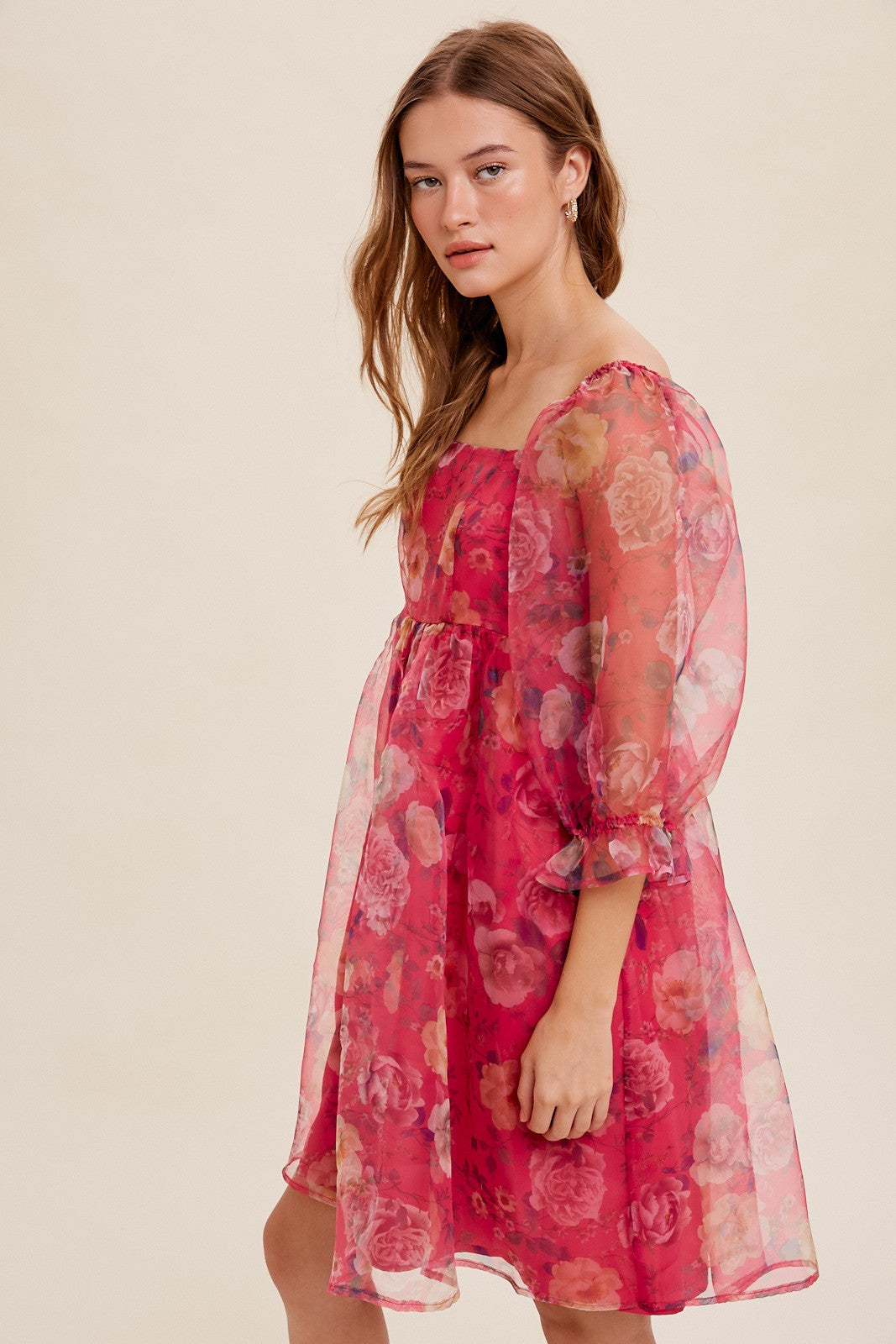 Pink Floral Organza Square Neck Babydoll Dress Small Pink Floral Organza Square Neck Babydoll Dress Small