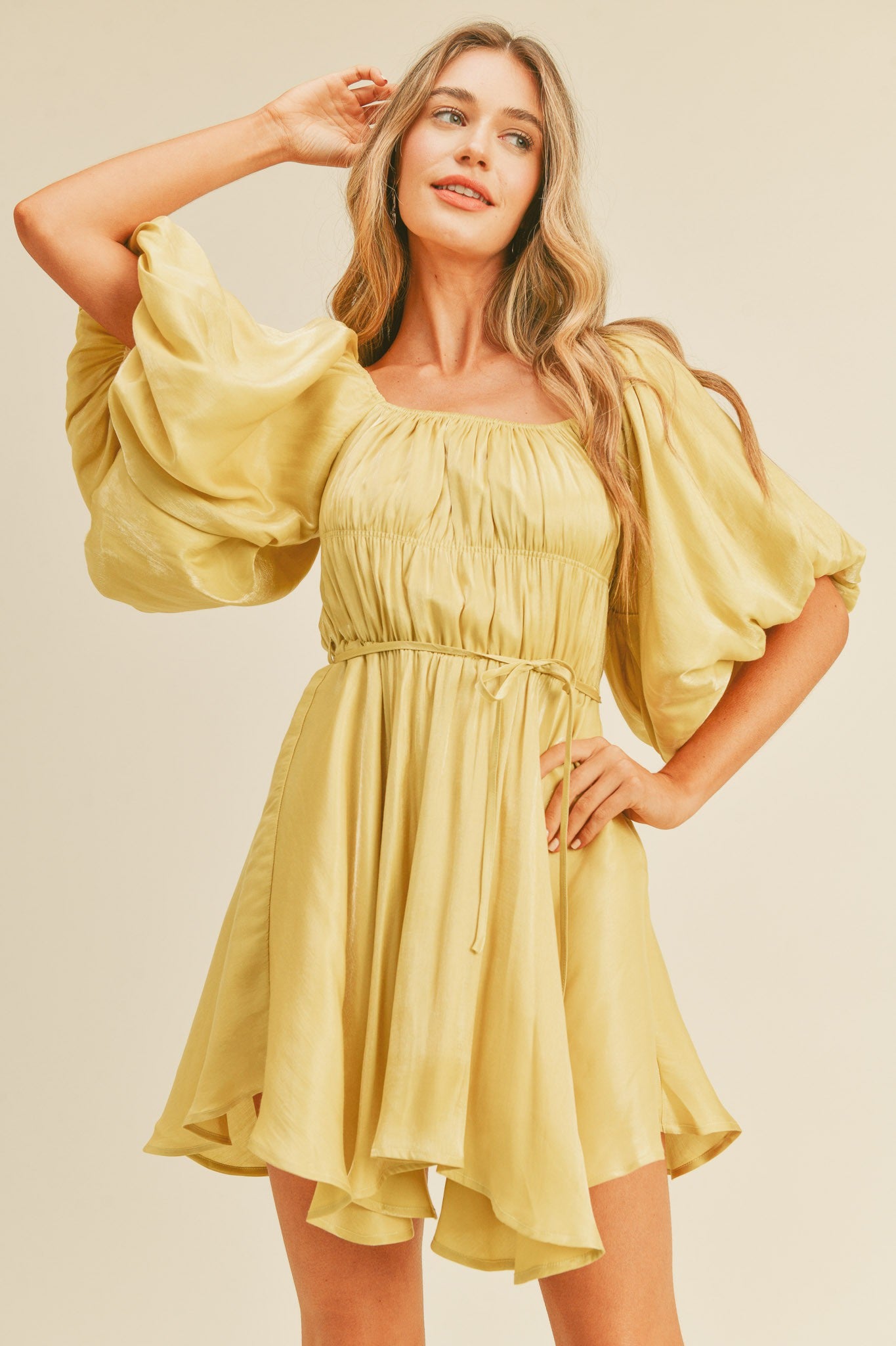 Yellow Metallic Bubble Sleeve Flared Mini Dress PinkBlush Yellow Metallic Bubble Sleeve Flared Mini Dress PinkBlush
