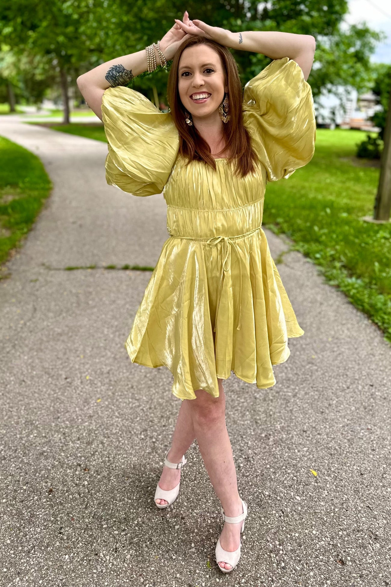 Yellow Metallic Bubble Sleeve Flared Mini Dress Large