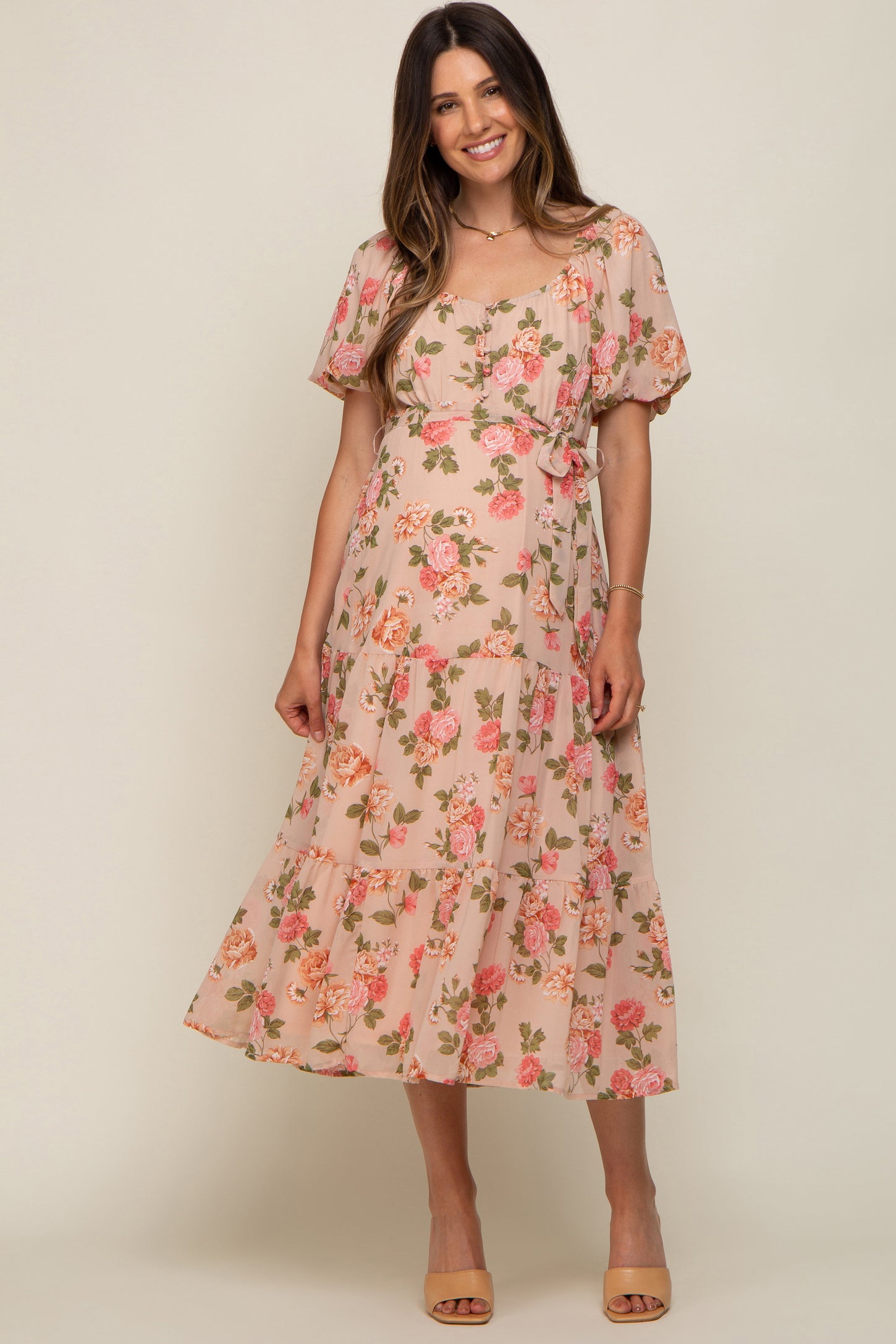 Pink Floral Button Puff Sleeve Maternity Midi Dress Pink Floral Button Puff Sleeve Maternity Midi Dress