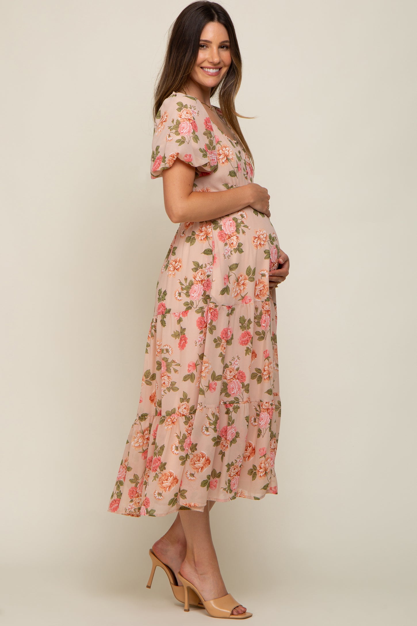 Pink Floral Button Puff Sleeve Maternity Midi Dress Pink Floral Button Puff Sleeve Maternity Midi Dress