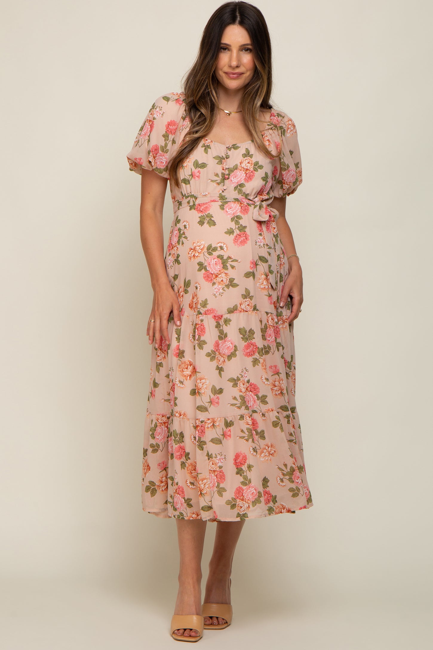 Pink Floral Printed Maternity Midi Dress main image 0