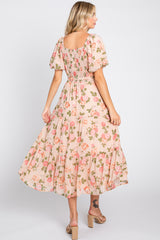 Pink Floral Button Puff Sleeve Midi Dress