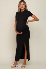 Black Mock Neck Front Slit Short Sleeve Maternity Maxi Dress