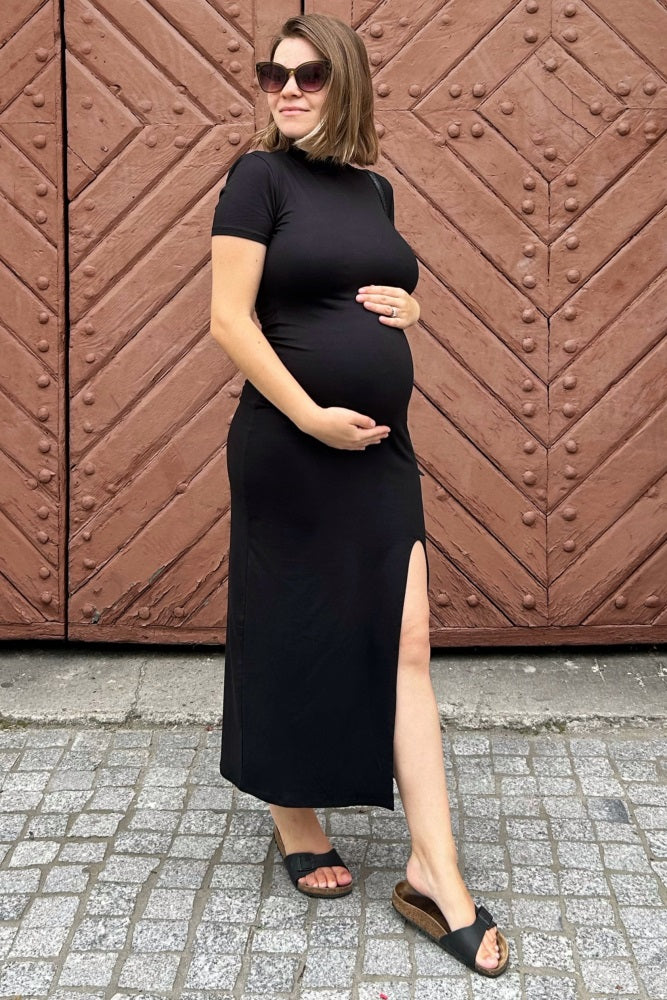 PinkBlush Black Mock Neck Front Slit Short Sleeve Maternity Maxi Dress PinkBlush Black Mock Neck Front Slit Short Sleeve Maternity Maxi Dress
