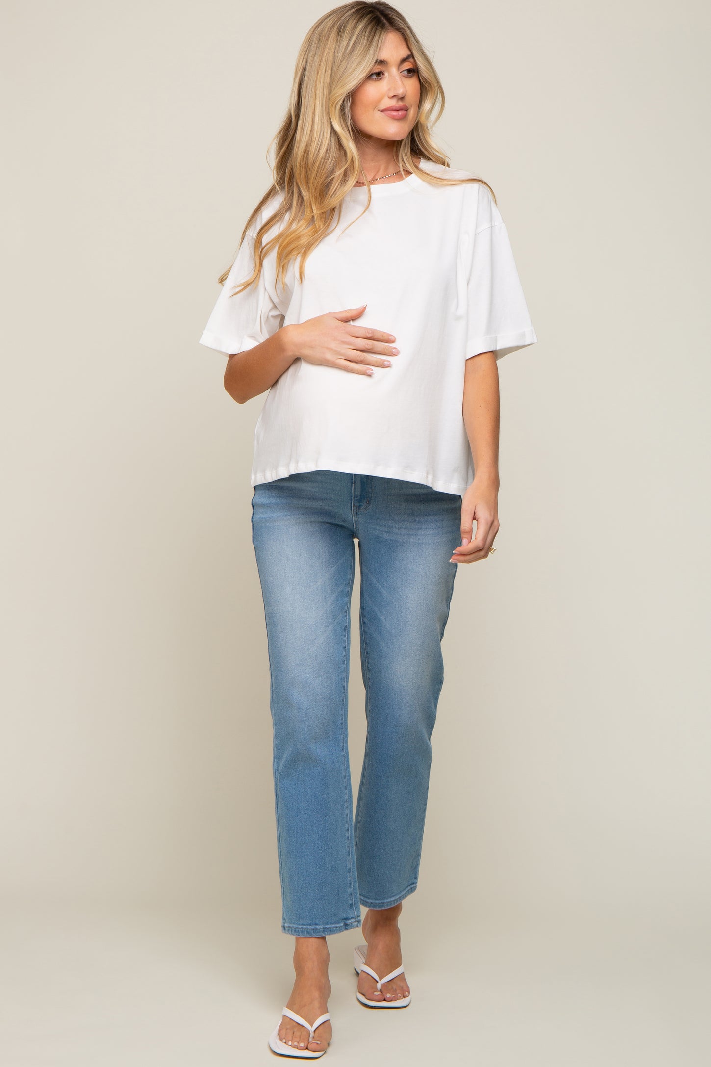 White Basic Rolled Short Sleeve Maternity T-Shirt