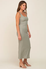 Light Olive Ribbed Basic Maxi Dress