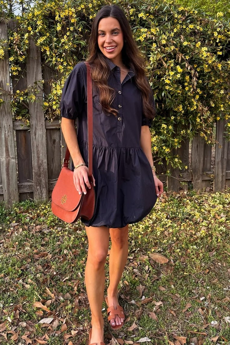 Navy Button Front Bubble Mini Dress