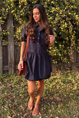 Navy Button Front Bubble Mini Dress