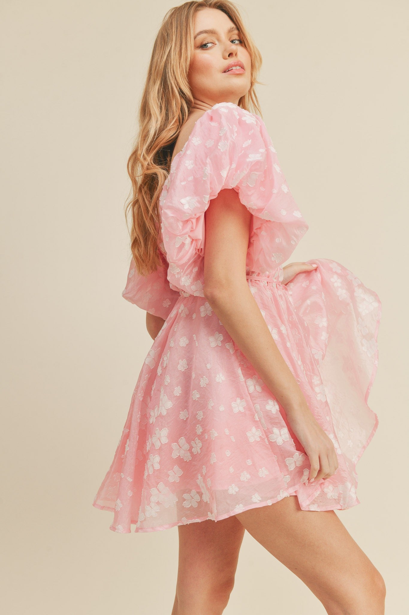 Pink Floral Bubble Sleeve Flared Mini Dress PinkBlush Pink Floral Bubble Sleeve Flared Mini Dress PinkBlush