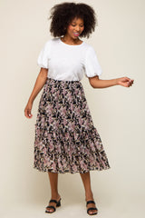 Black Floral Plisse Ruffle Accent Midi Skirt