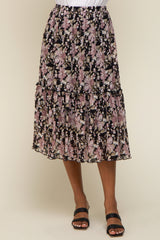 Black Floral Plisse Ruffle Accent Midi Skirt