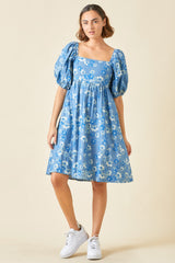 Blue Floral Square Neck Denim Maternity Dress