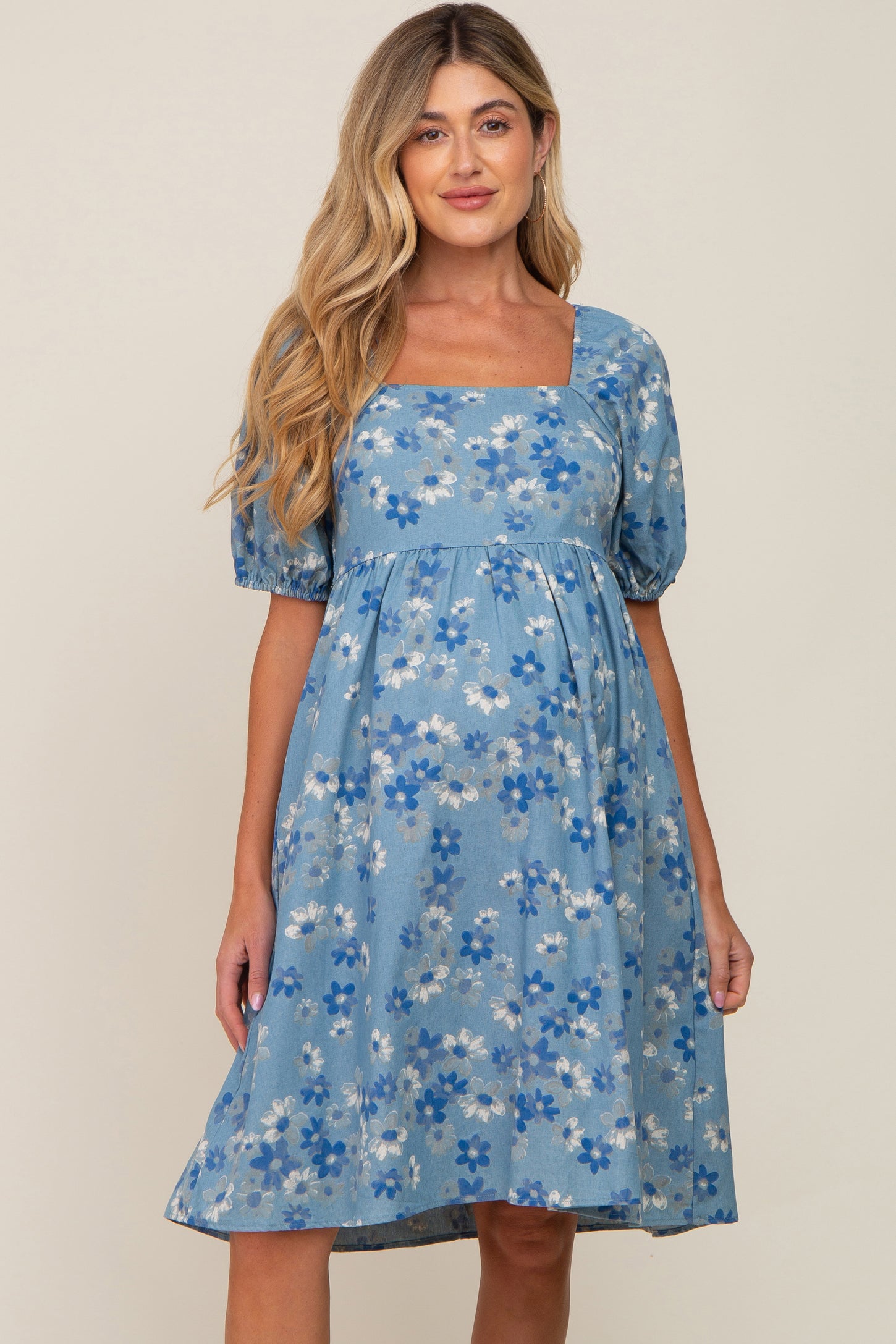 Blue Floral Square Neck Denim Maternity Dress