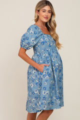 Blue Floral Square Neck Denim Maternity Dress