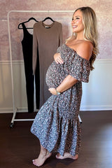 Black Floral Flutter Maternity Midi Dress